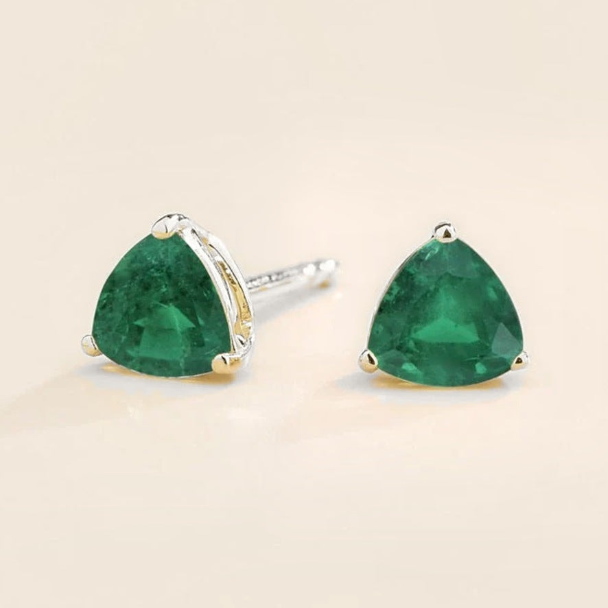 Trillion Emerald Solitaire Stud Earrings in White Gold