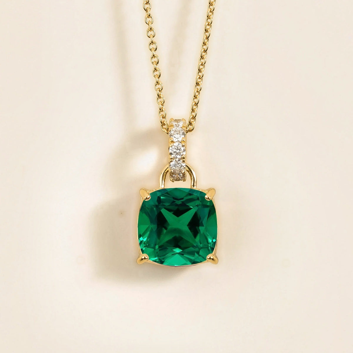 Cushion-Cut Emerald & Diamond Hoop Pendant Necklace in Gold