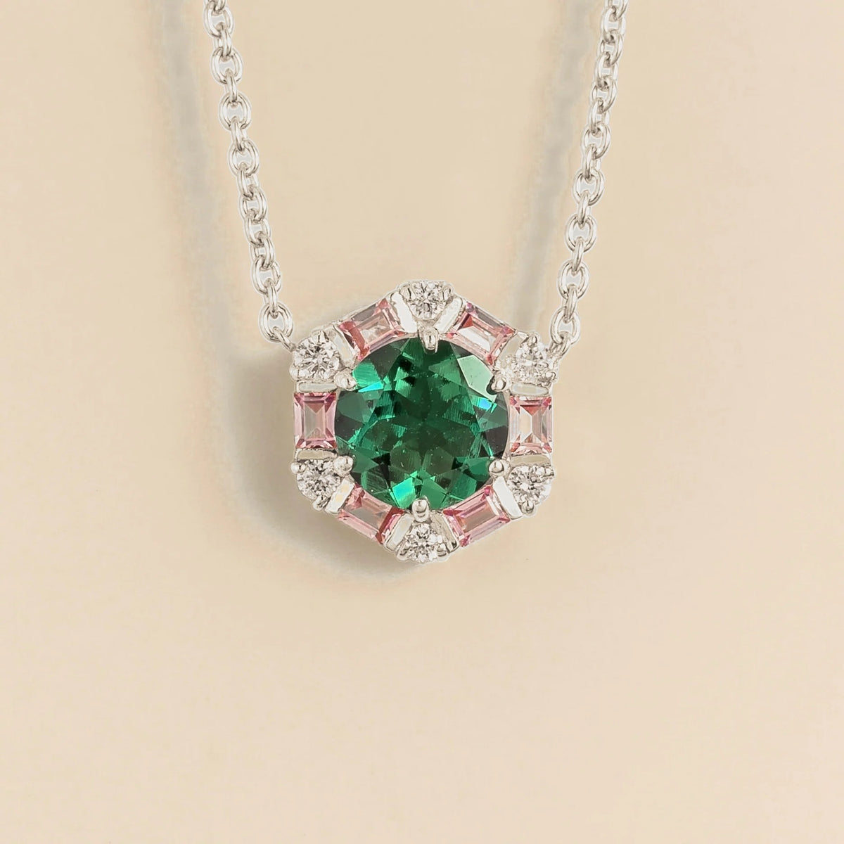 Melba emerald, pink sapphire & diamond halo hexagon pendant necklace in white gold