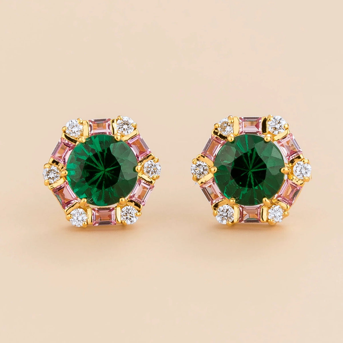 Melba emerald, pink sapphire & diamond halo hexagon stud earrings in gold