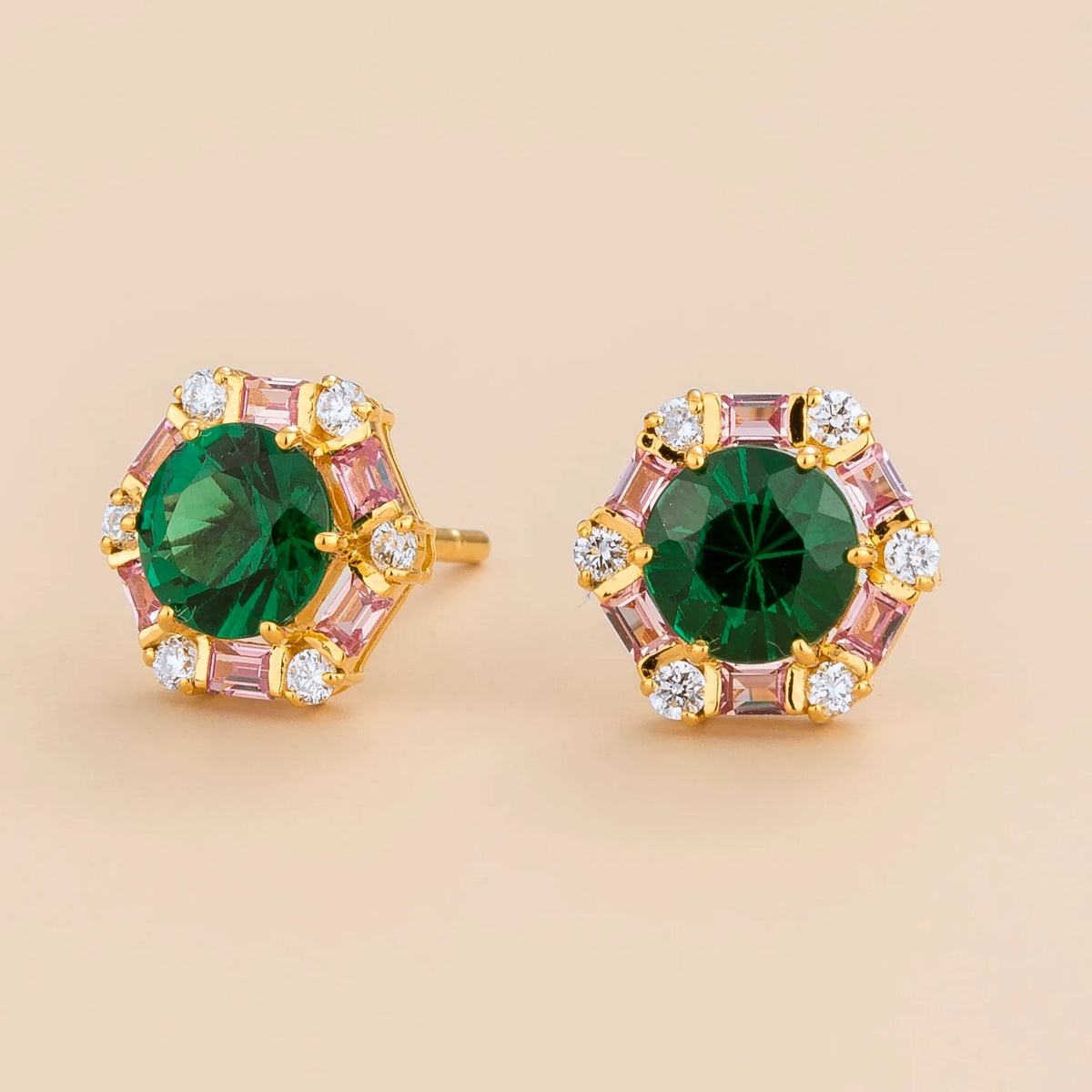 Melba Emerald, Pink Sapphire & Diamond Halo Stud Earrings In Gold