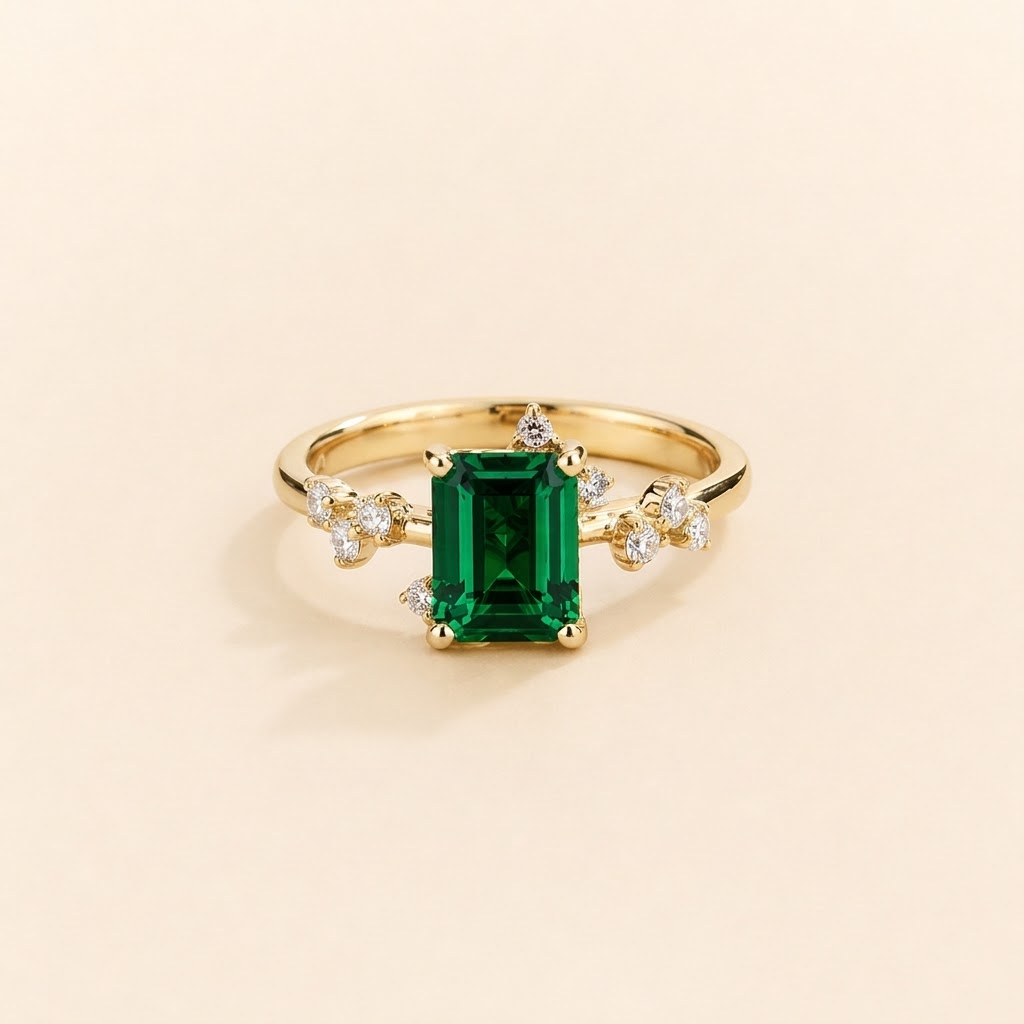 Frost emerald-cut emerald and diamond ring in yellow gold, front view