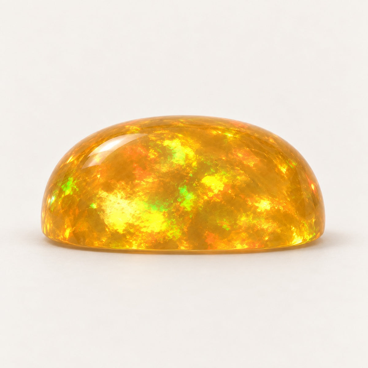 Fire lab-grown opal, cushion cabochon, side view
