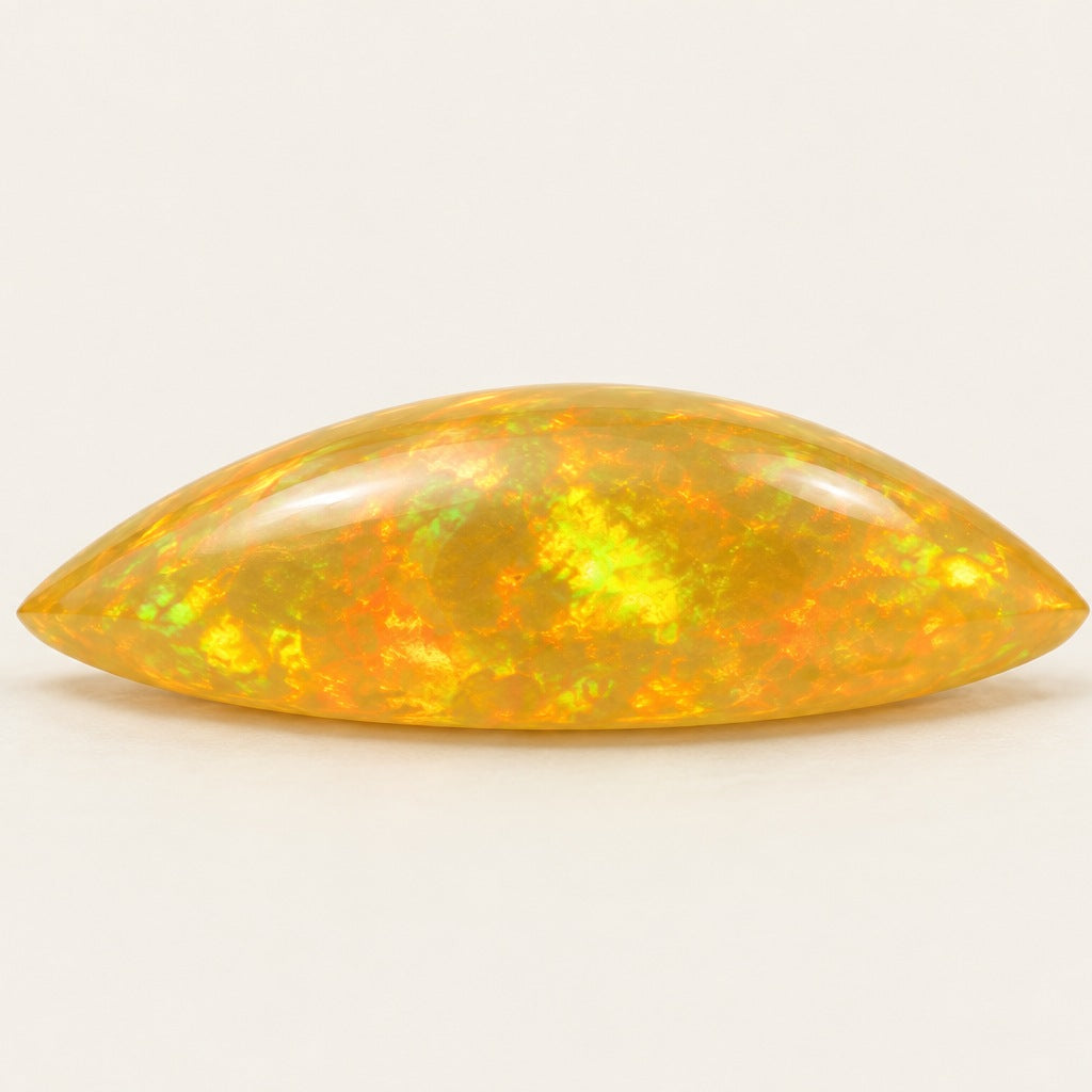 Fire lab-grown opal, marquise cabochon, side view