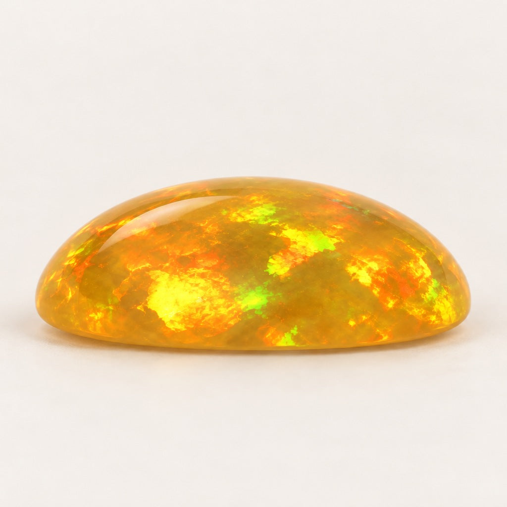 Fire lab-grown opal, oval cabochon, side view