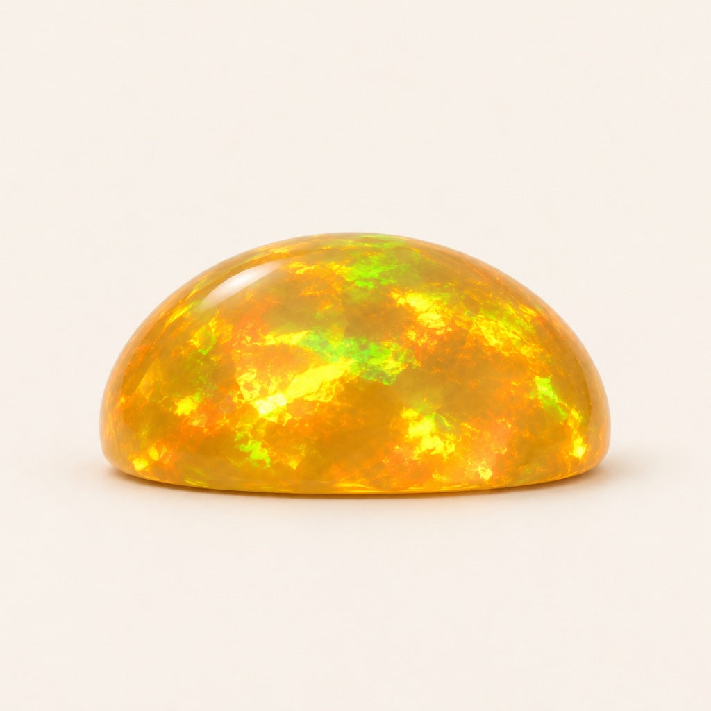 Fire lab-grown opal, round cabochon, side view