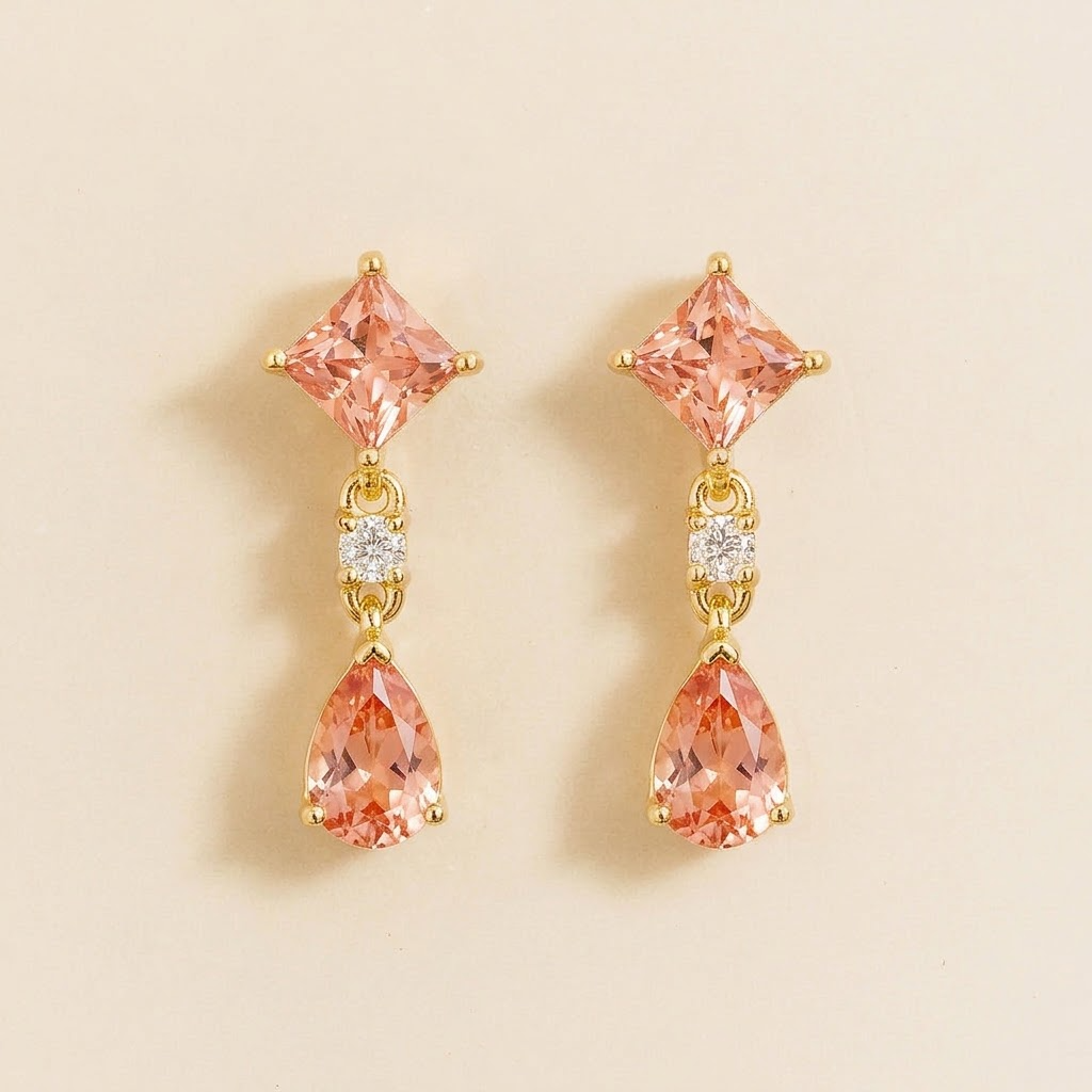 Flamingo Padparadscha Sapphire & Diamond Drop Earrings in Gold – front view | Juvetti