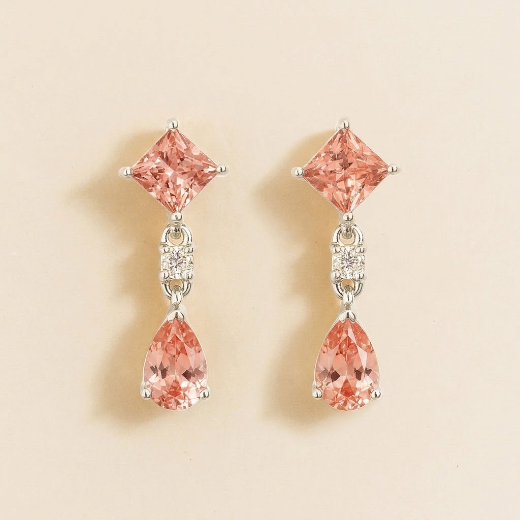 Flamingo Padparadscha Sapphire & Diamond Drop Earrings in White Gold – front view | Juvetti