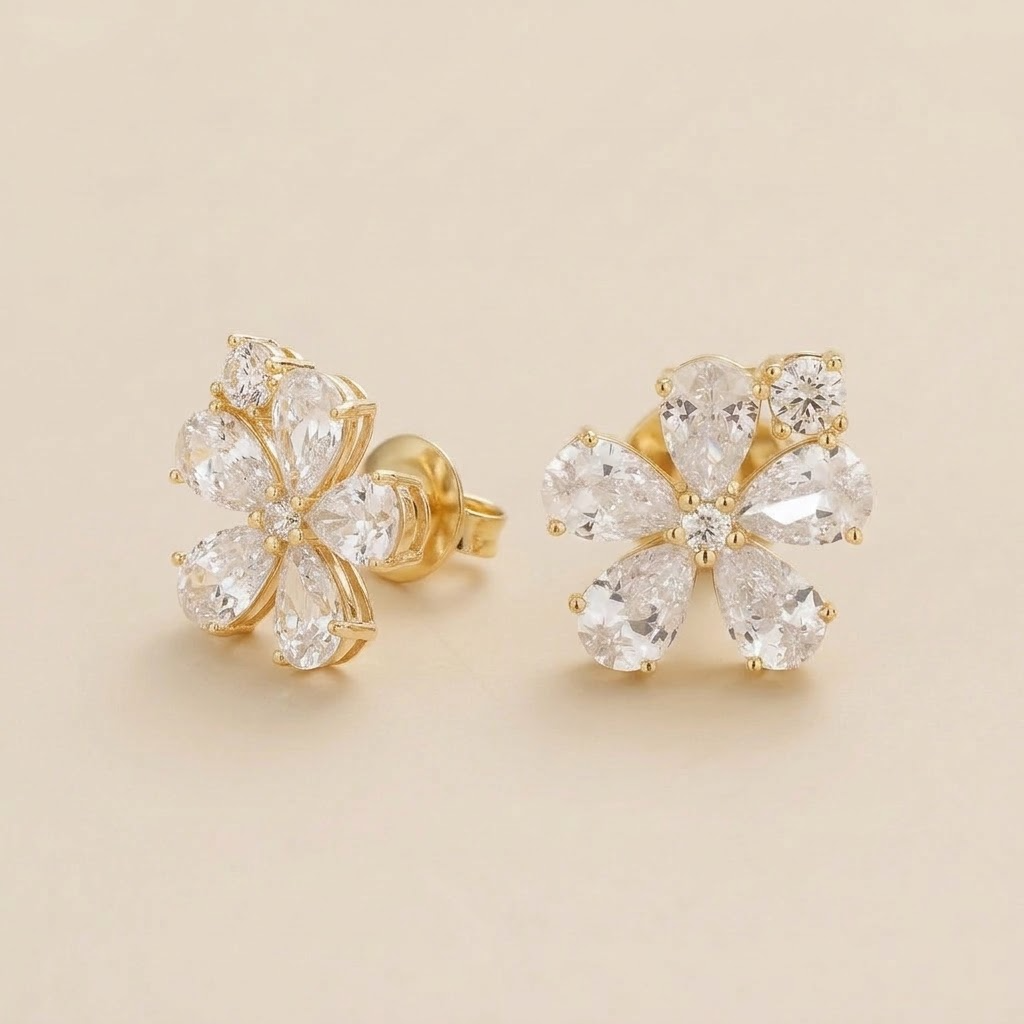 Florea Diamond Flower Stud Earrings with Diamond Accent in Gold – angle view | Juvetti