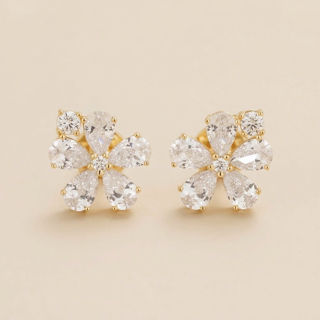Florea Diamond Flower Stud Earrings with Diamond Accent in Gold – front view | Juvetti