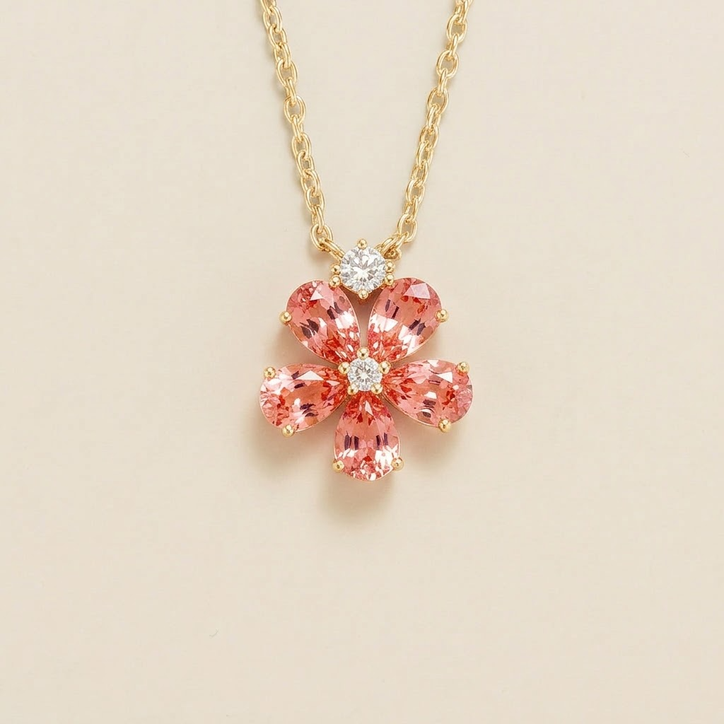 Florea Padparadscha Sapphire & Diamond Flower Pendant Necklace in Gold – front view | Juvetti