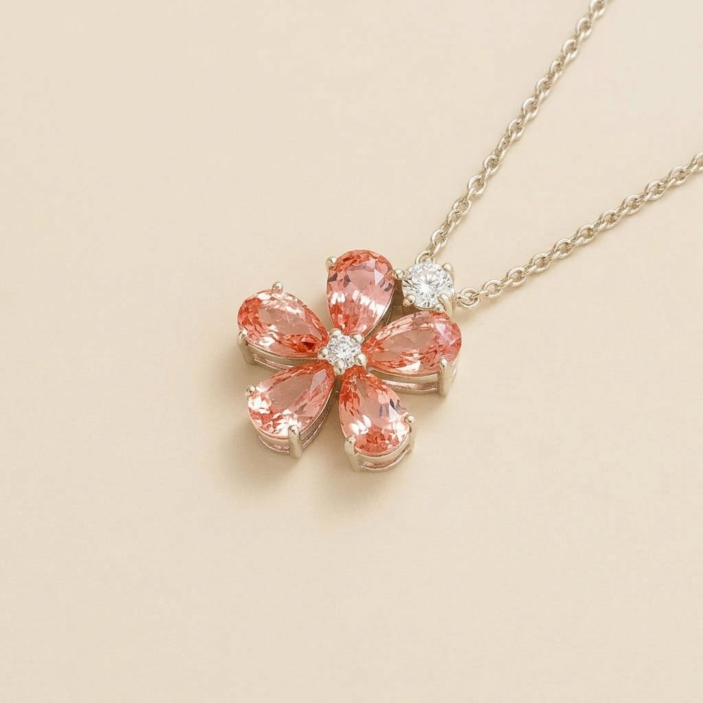 Florea Padparadscha Sapphire & Diamond Flower Pendant Necklace in White Gold – angle view | Juvetti
