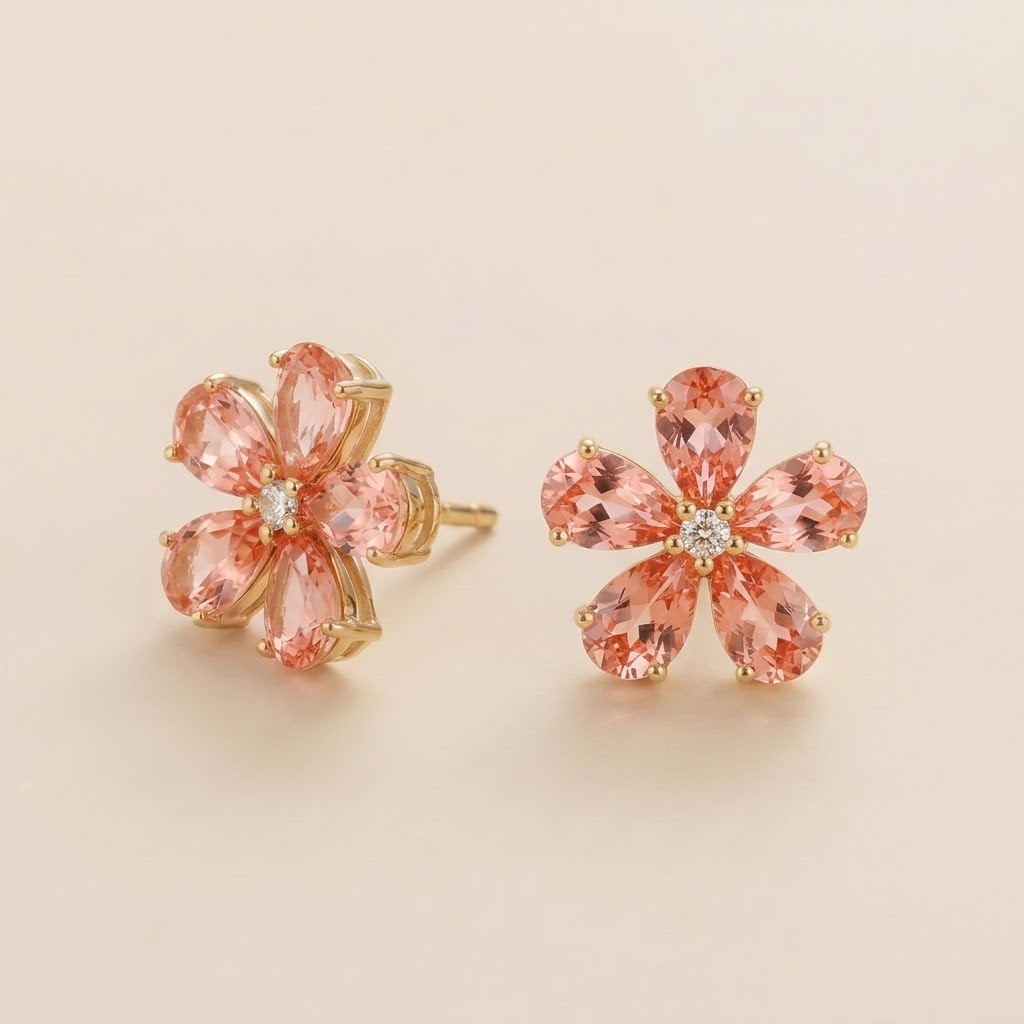 Florea Padparadscha Sapphire & Diamond Flower Stud Earrings in Gold – front view | Juvetti