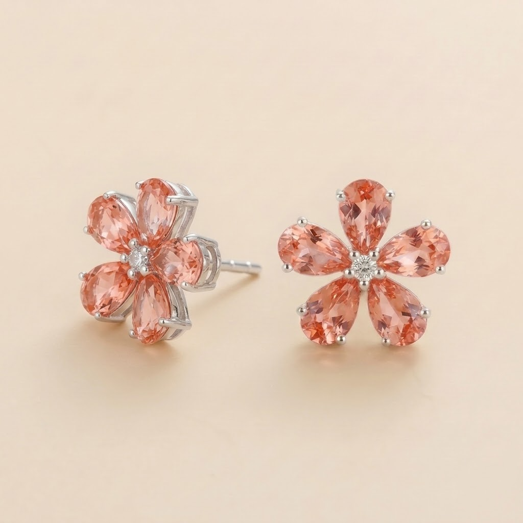 Florea Padparadscha Sapphire & Diamond Flower Stud Earrings in White Gold – angle view | Juvetti