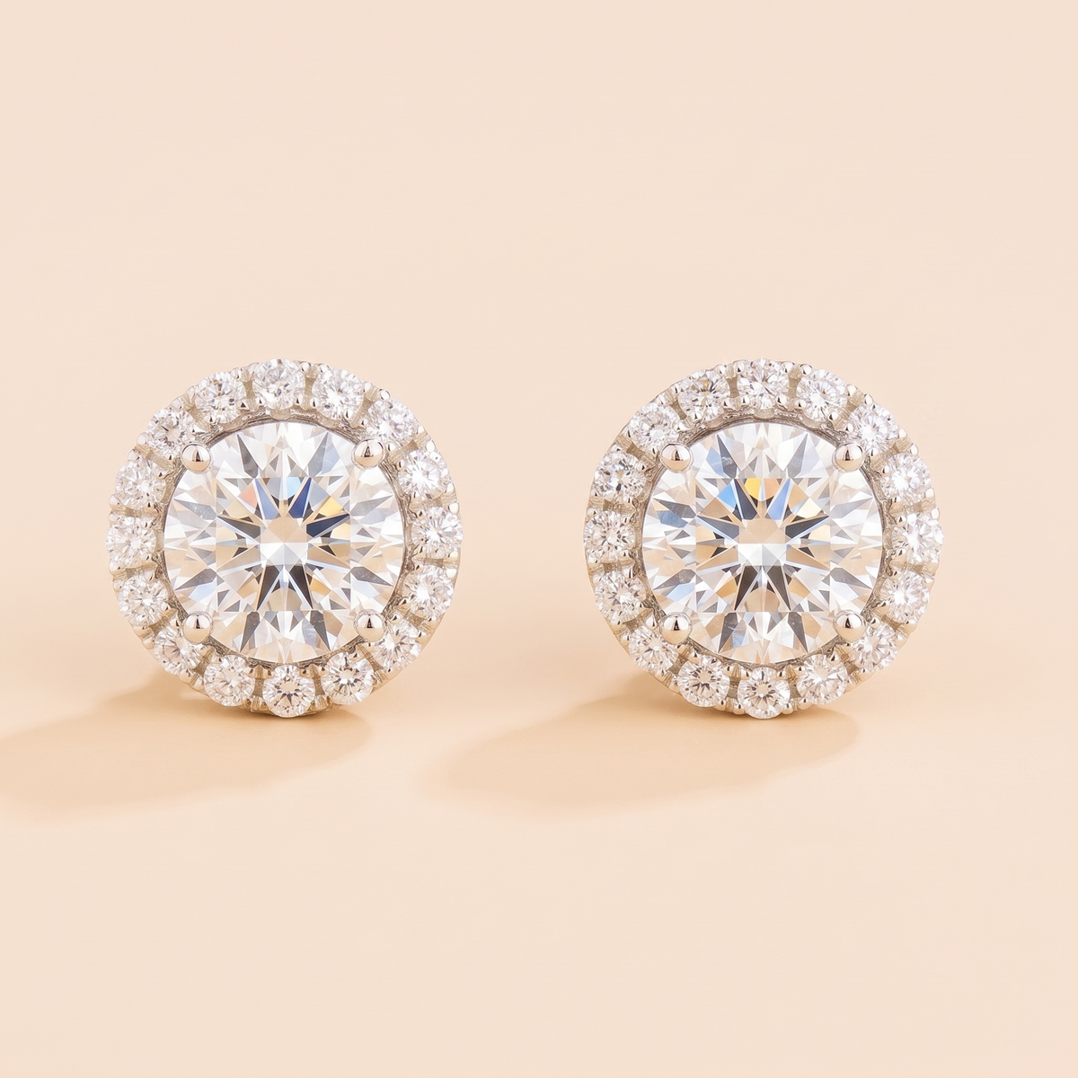 Round lab-grown diamond halo stud earrings, Floret design in white gold | Juvetti London