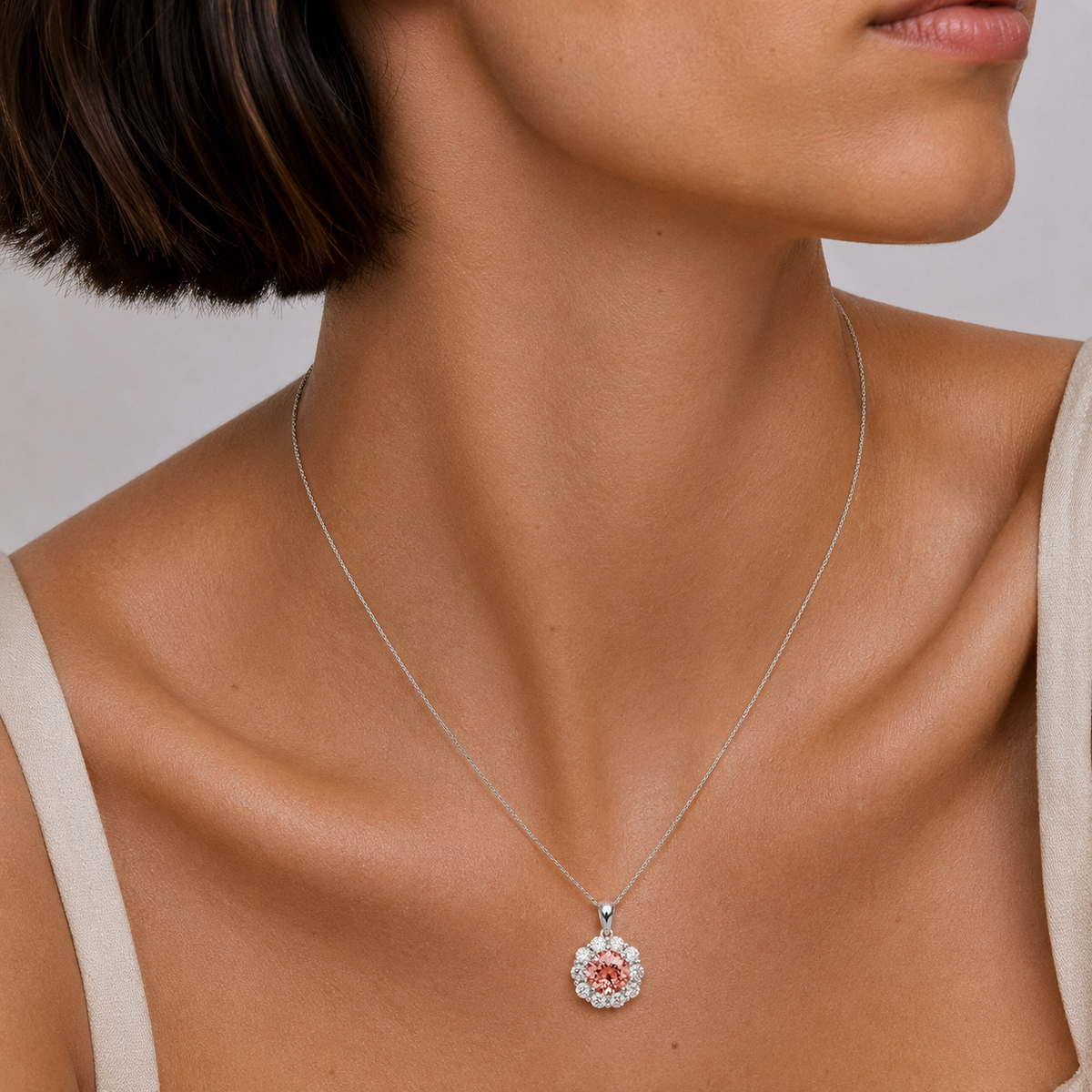 Floret Padparadscha Sapphire Round & Diamond Halo Pendant Necklace in White Gold
