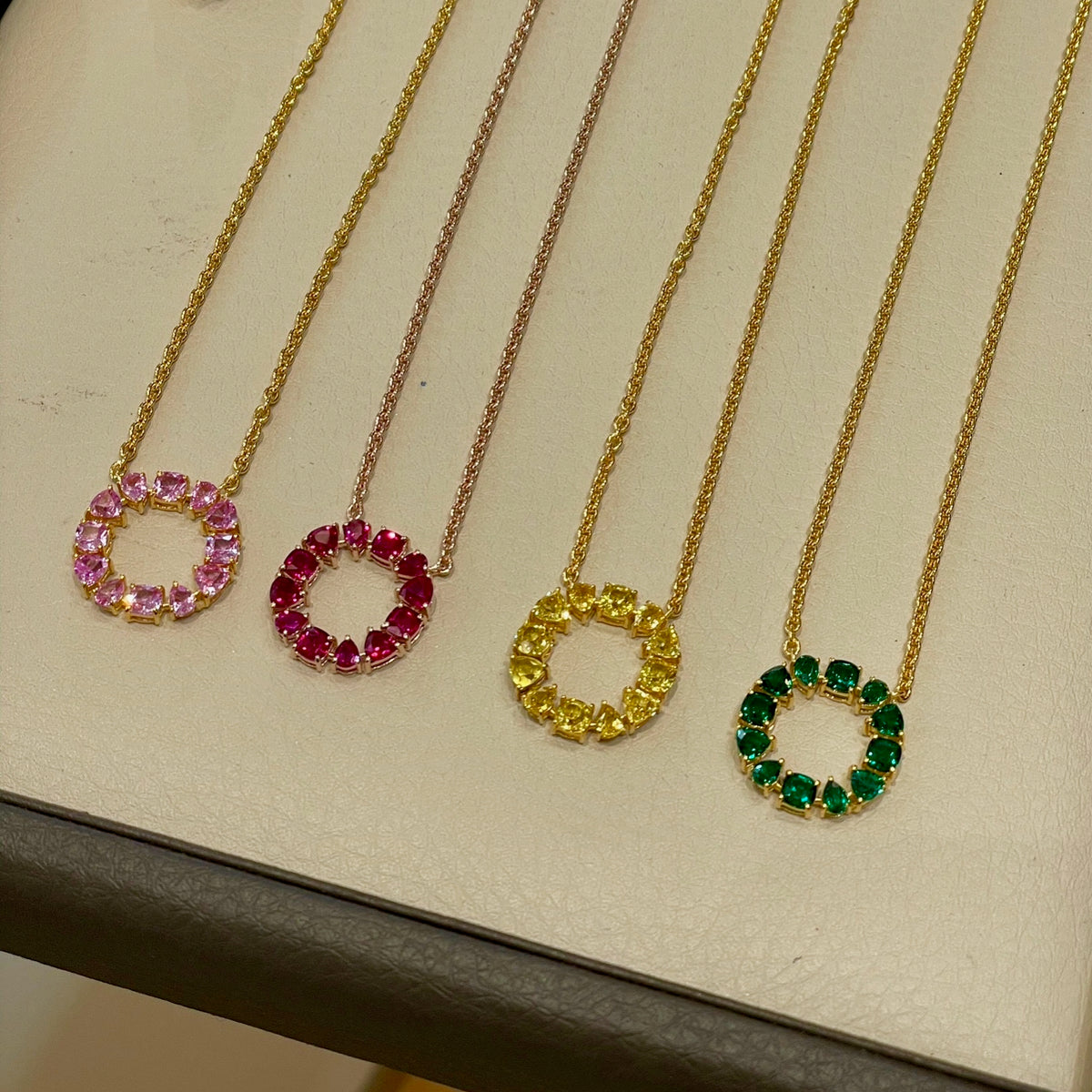 Glorie open circle pendant necklaces in gold in a range of lab-grown gemstone colours | Juvetti London