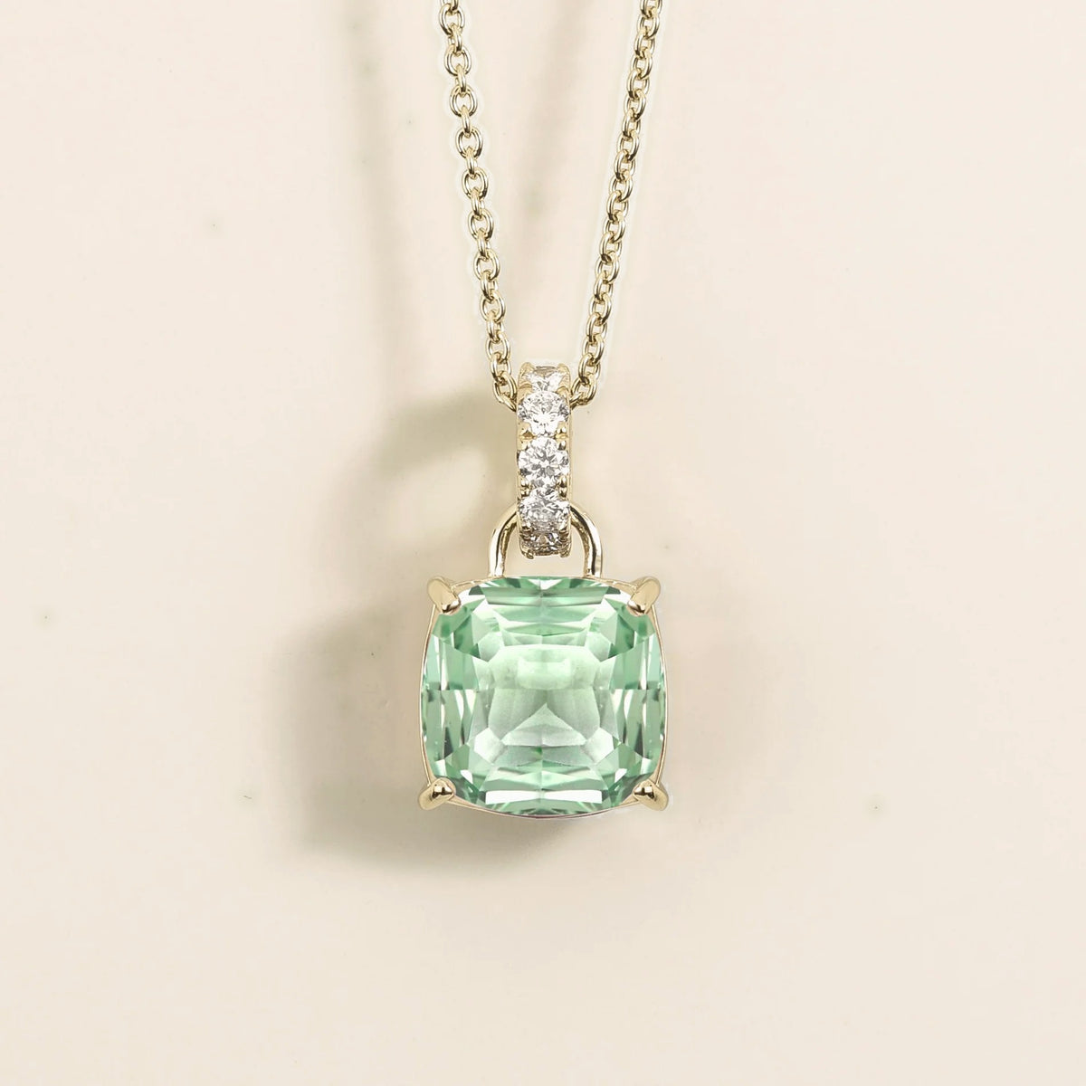 Cushion-Cut Green Sapphire & Diamond Hoop Pendant Necklace in White Gold