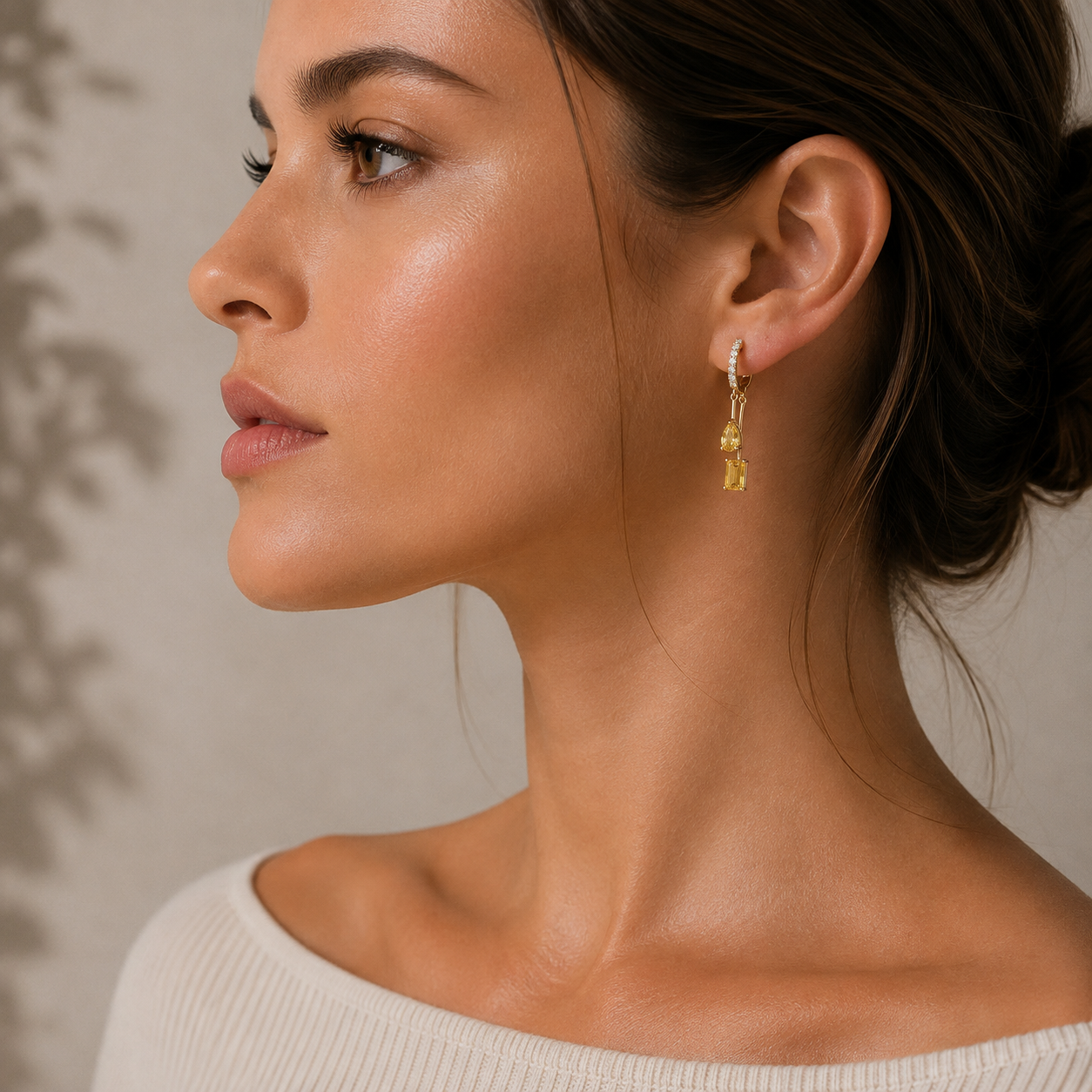 Faire Yellow Sapphire & Diamond Pavé Drop Huggie Hoop Earrings in Gold