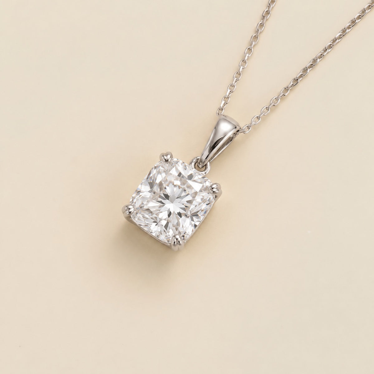 Iris cushion lab-grown diamond solitaire pendant necklace in white gold – angled view | Juvetti