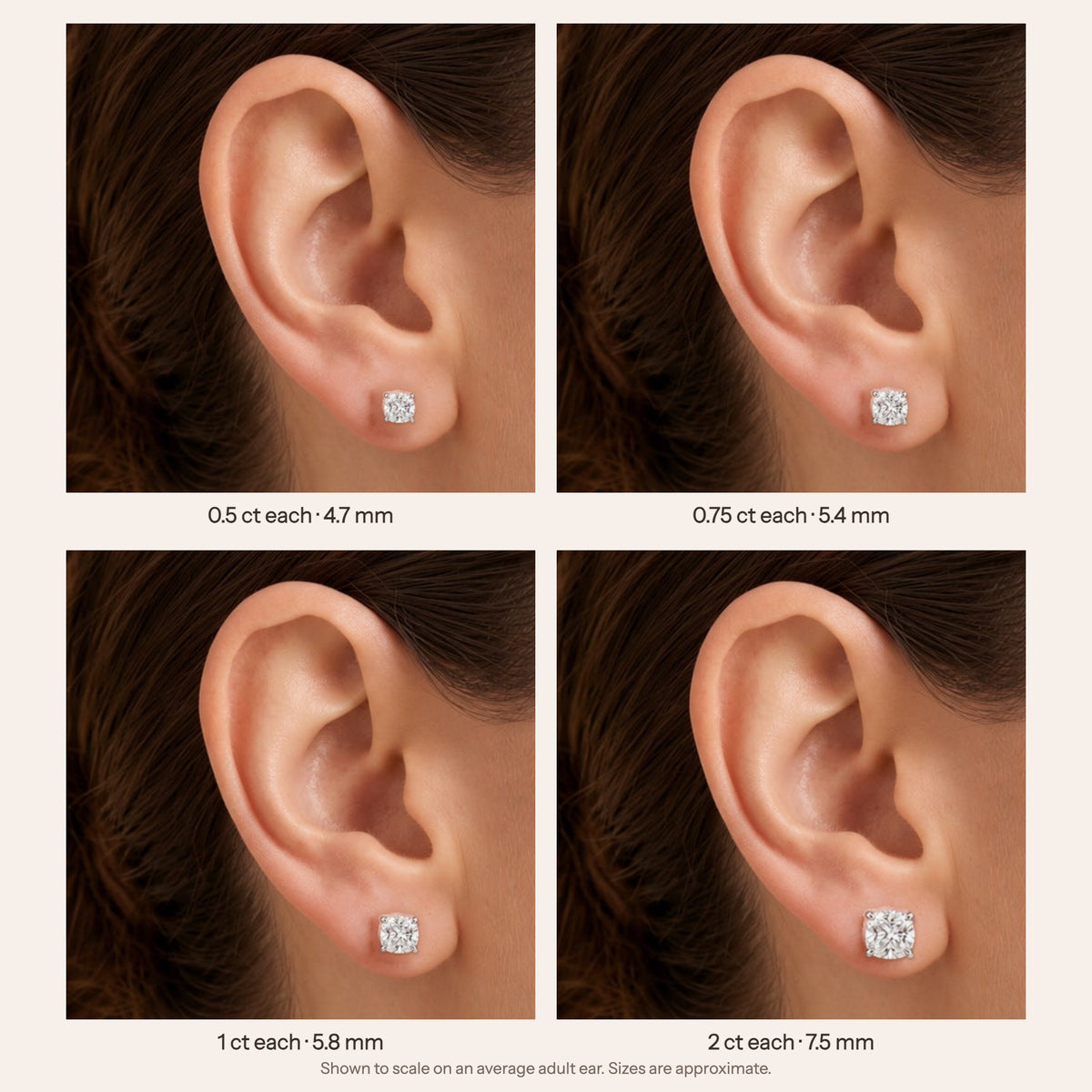 Iris cushion lab-grown diamond solitaire stud earrings in white gold – size guide on model, shown to scale (0.5 to 2 ct each) | Juvetti