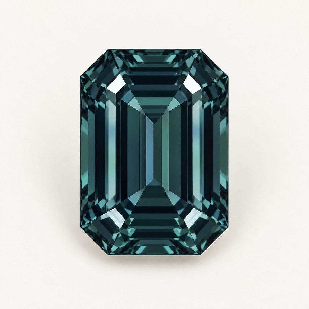 Lab-grown alexandrite, emerald cut, in daylight