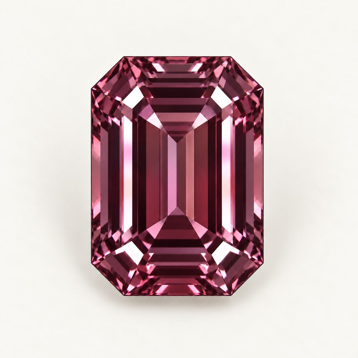 Lab-grown alexandrite, emerald cut, under warm indoor light