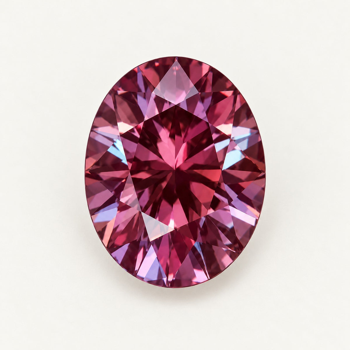 Lab-grown alexandrite, oval cut, under warm indoor light