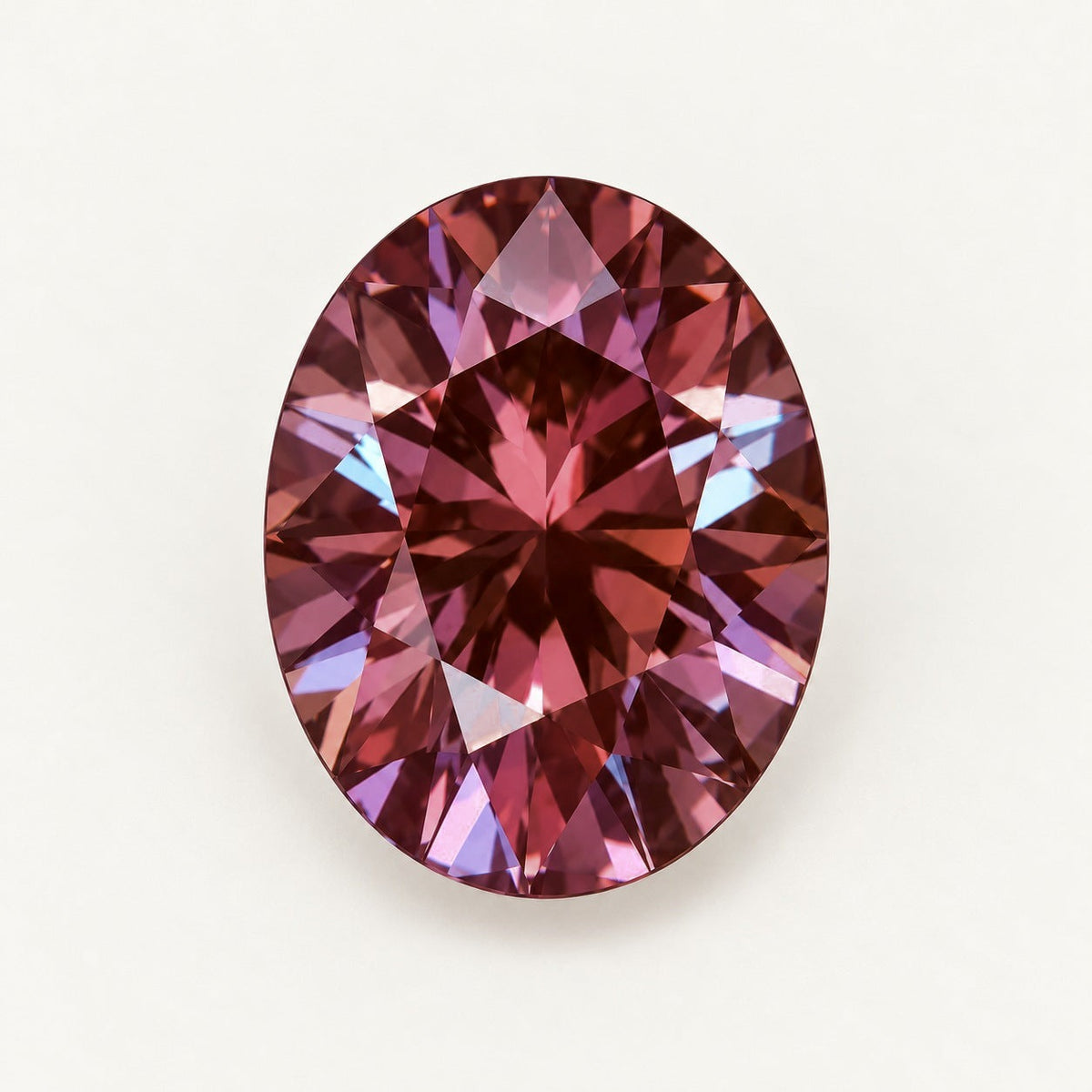 Lab-grown alexandrite, oval cut, under warm indoor light