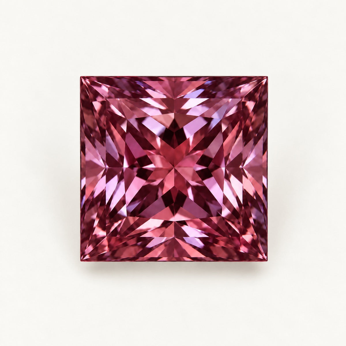 Lab-grown alexandrite, princess cut, under warm indoor light