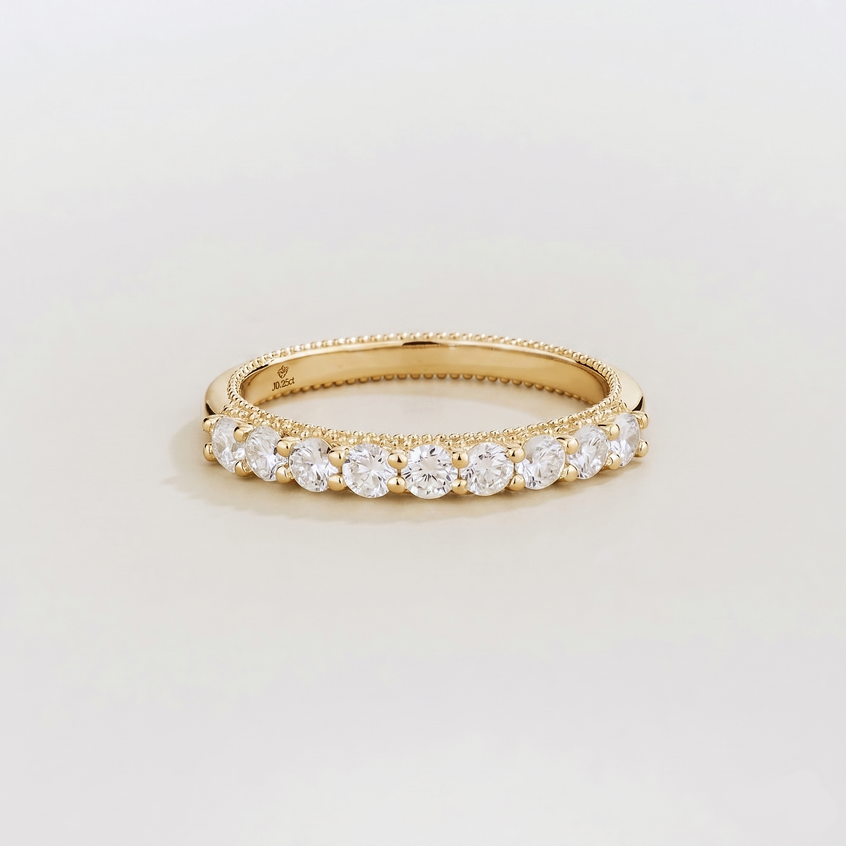 Tempo half eternity wedding band in gold, round lab-grown diamonds with milgrain edges