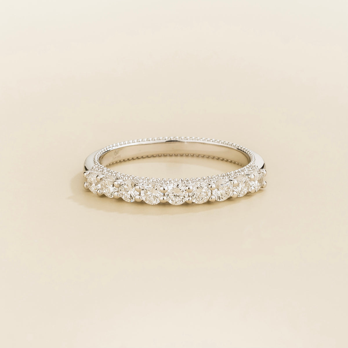Tempo half eternity wedding band in white gold, round lab-grown diamonds with milgrain edges