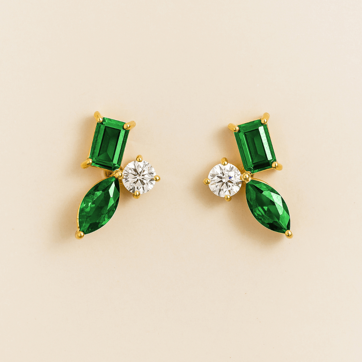 Sanka emerald cluster stud earrings in gold: baguette and marquise lab-grown emeralds, round diamond