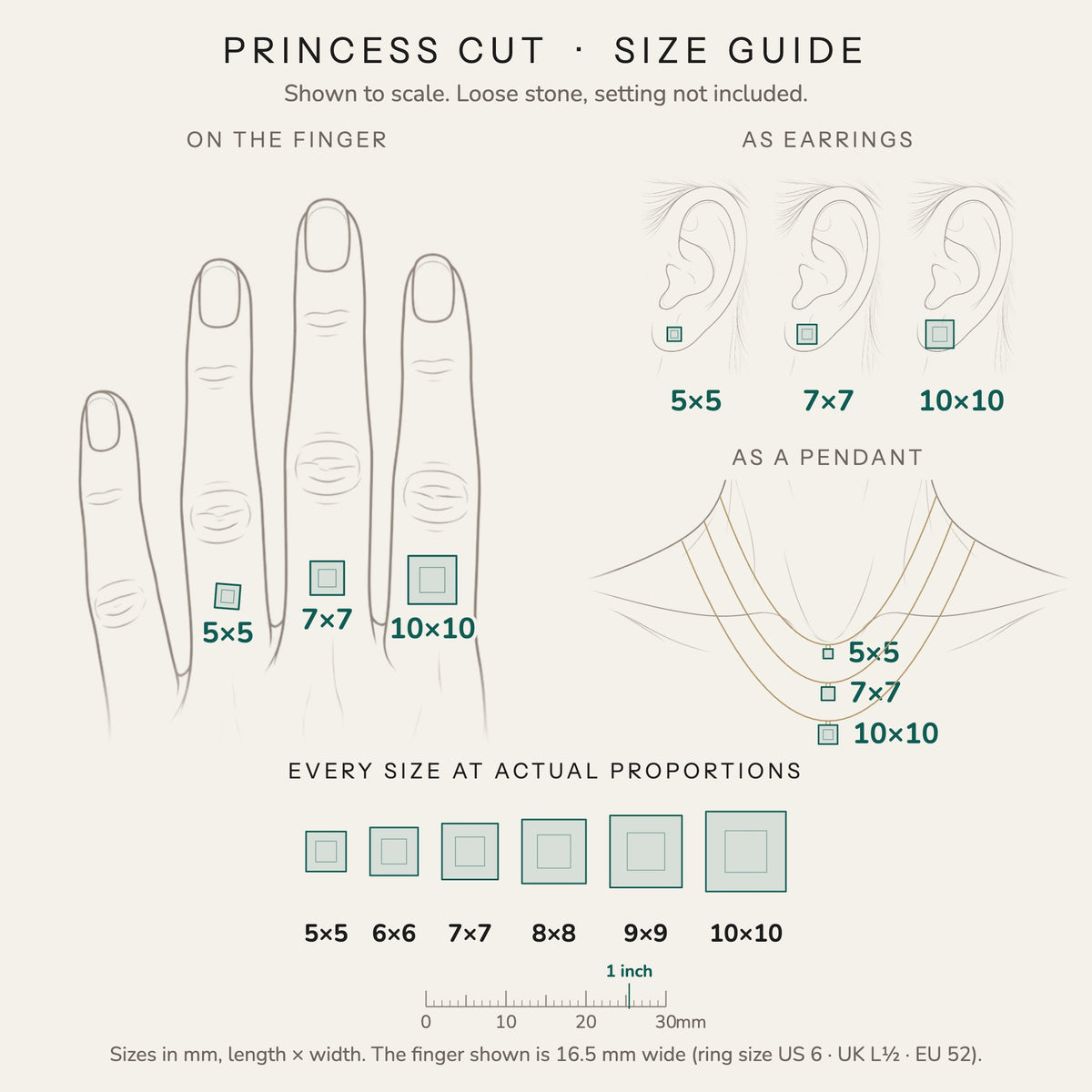 Princess cut size guide: every size shown to scale on a finger, ear and neck, with a mm ruler