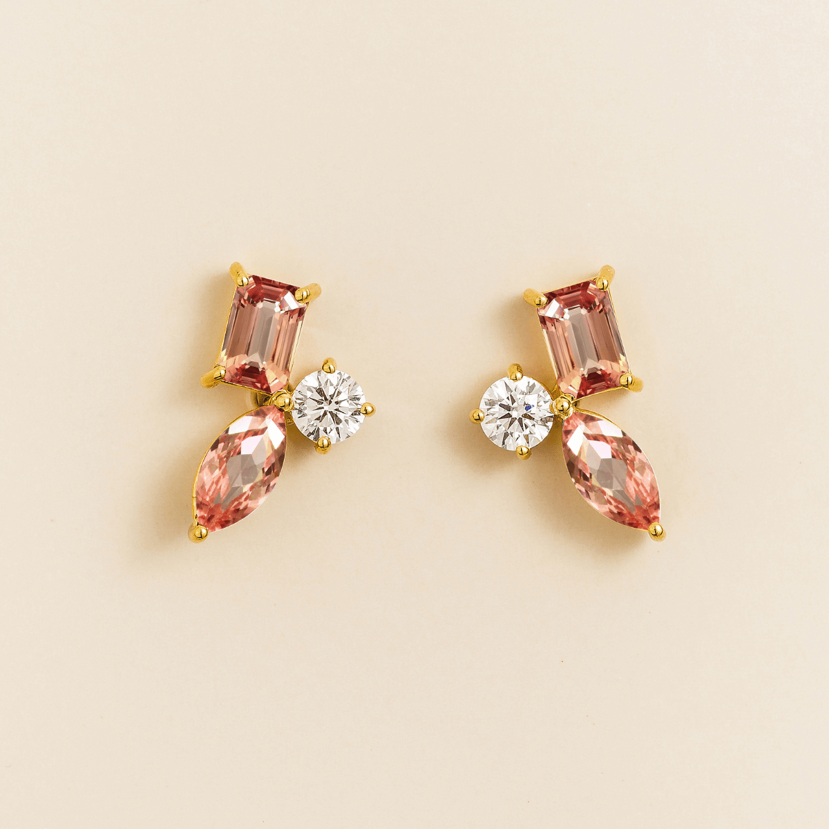 Sanka padparadscha sapphire cluster stud earrings in gold: baguette and marquise lab-grown sapphires, round diamond
