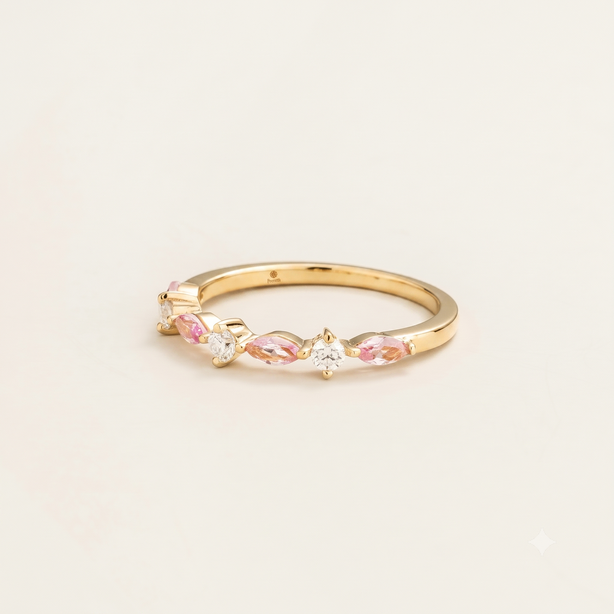 Marquise pink sapphire & diamond half eternity band ring in gold, view 2