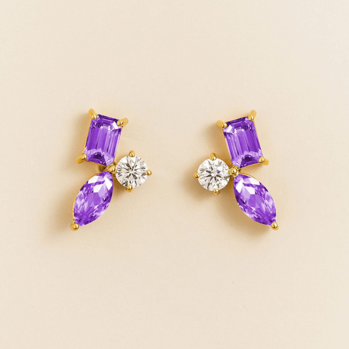 Sanka purple sapphire cluster stud earrings in gold: baguette and marquise lab-grown sapphires, round diamond