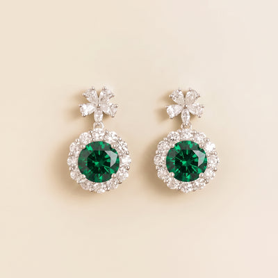 Antoinette Round Emerald & Diamond Halo Flower Drop Earrings in White Gold