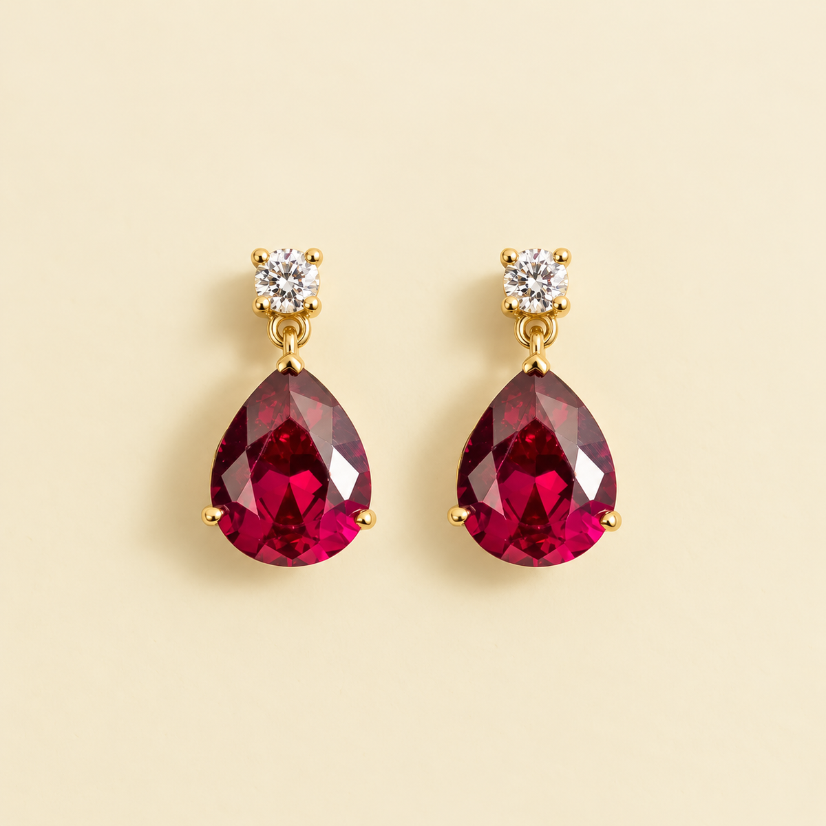 Pisa medium ruby and diamond pear drop earrings in gold, 9x7mm lab-grown rubies below round diamond studs