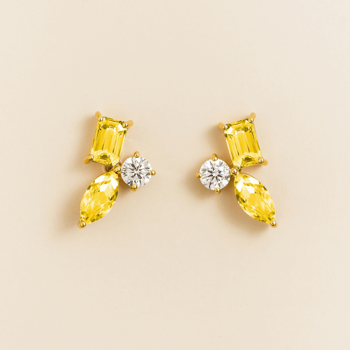 Sanka yellow sapphire cluster stud earrings in gold: baguette and marquise lab-grown sapphires, round diamond
