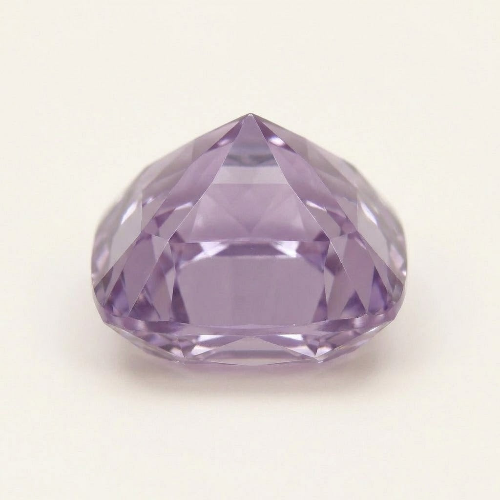 Lavender lab-grown sapphire, cushion cut, side view