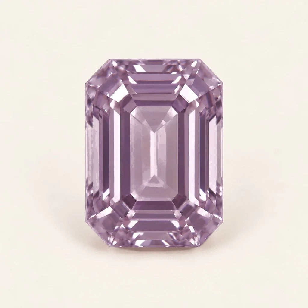 Lavender lab-grown sapphire, emerald cut