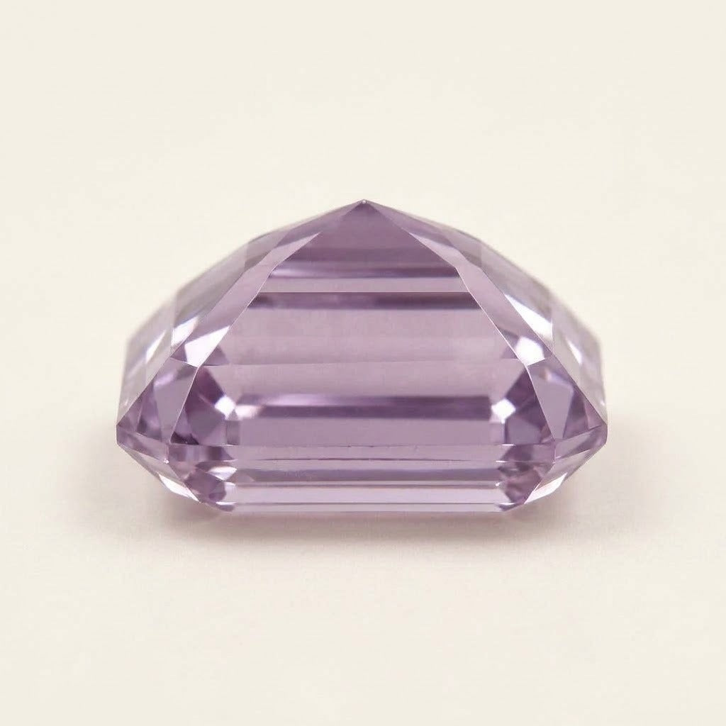 Lavender lab-grown sapphire, emerald cut, side view