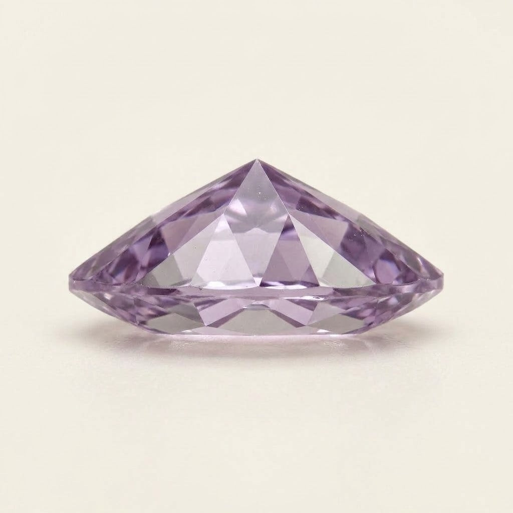 Lavender lab-grown sapphire, marquise cut, side view