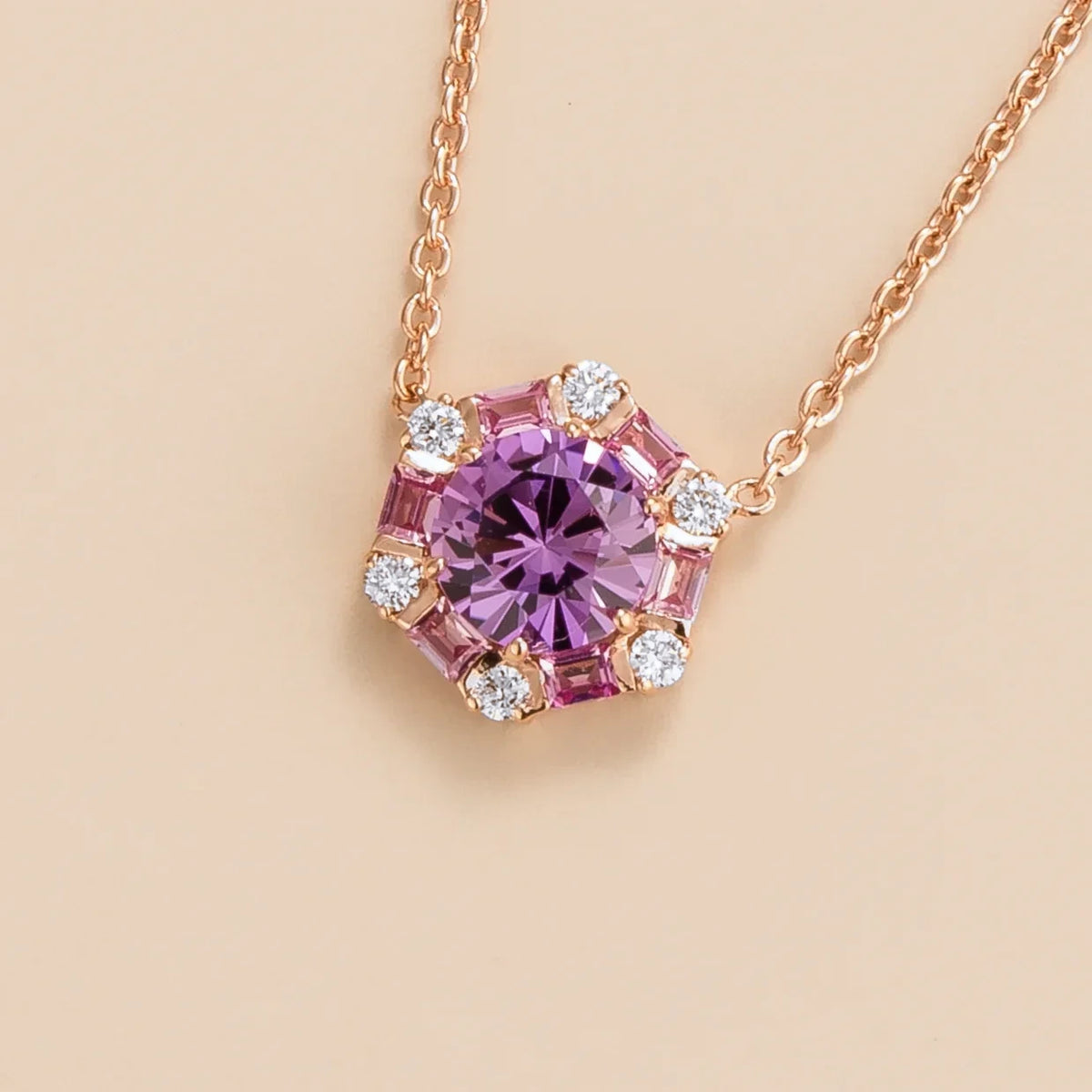 Melba hexagon necklace in 18K pink gold vermeil set with lab grown Purple sapphire, Pink sapphire and Diamond gem stones.