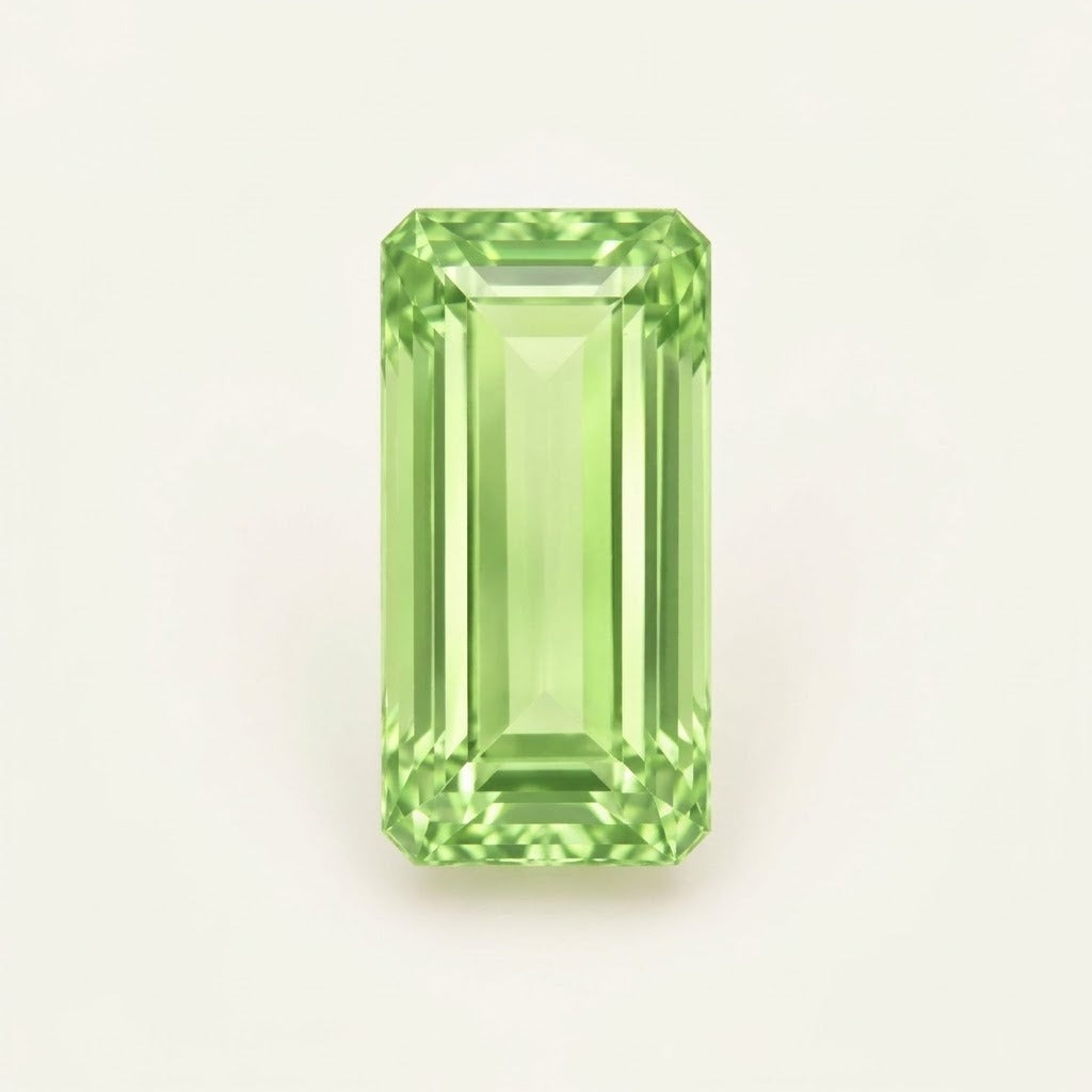 Lime green lab-grown sapphire, baguette cut
