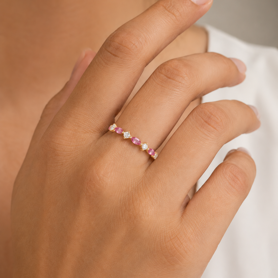 Marquise Pink Sapphire & Diamond Half Eternity Band Gold Ring
