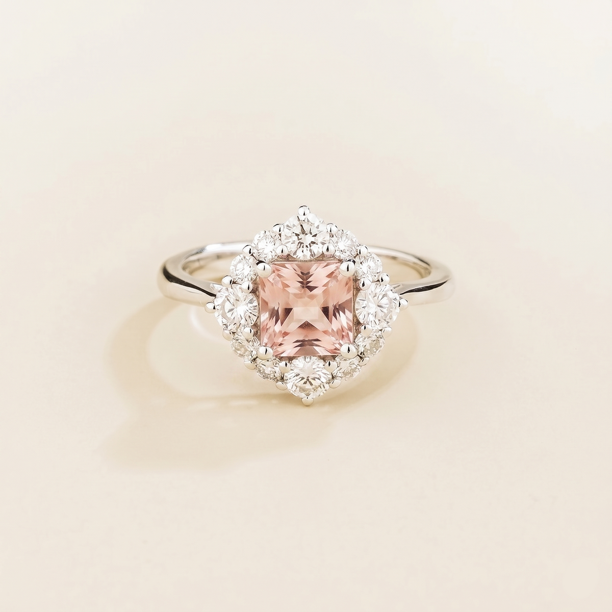 Tuli cushion-cut lab-grown morganite and diamond halo ring in white gold – front view | Juvetti London