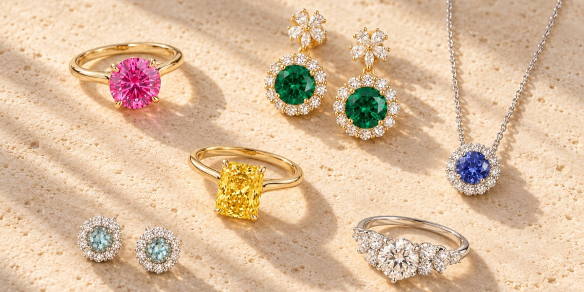 New in at Juvetti on travertine: Nina pink sapphire ring, Antoinette emerald flower drop earrings, Clair yellow sapphire ring, Prill aquamarine studs, Zoe cornflower sapphire necklace and Floret diamond ring