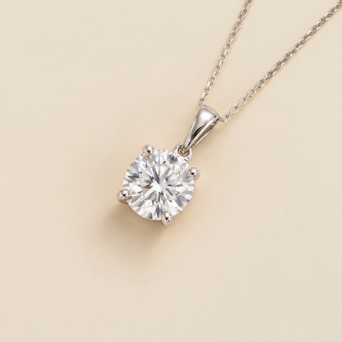 Nina round lab-grown diamond solitaire pendant necklace in white gold – angled view | Juvetti